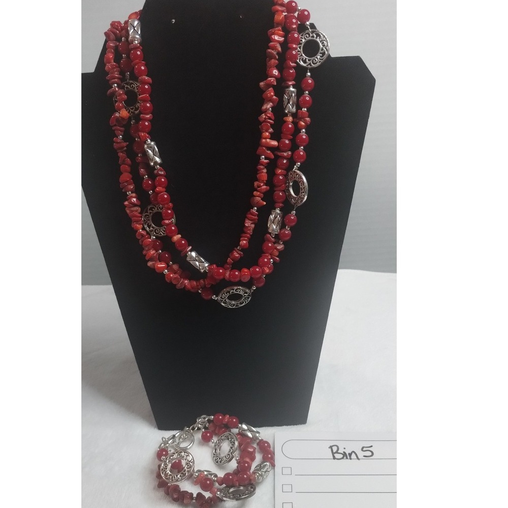 Red‎ Faux Coral Multi Strand Necklace and Stretch Bracelet Set Silver Tone Boho